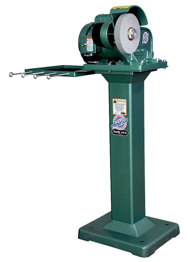 60100 - Model 600 polishing lathe / buffer using optional 1` wide scotchbrite wheel.  Shown on optional 01 fixed height pedestal with 760T-2 tool tray.